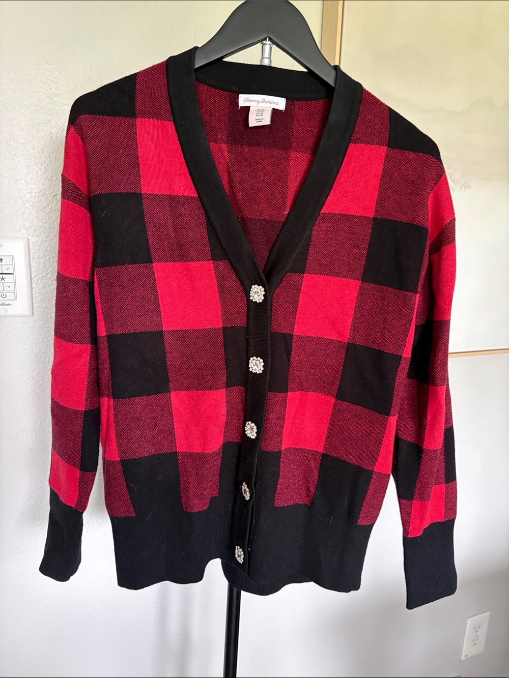 Tommy Bahama Red and Black Buffalo Plaid V-Neck Cardigan with Jewel Buttons